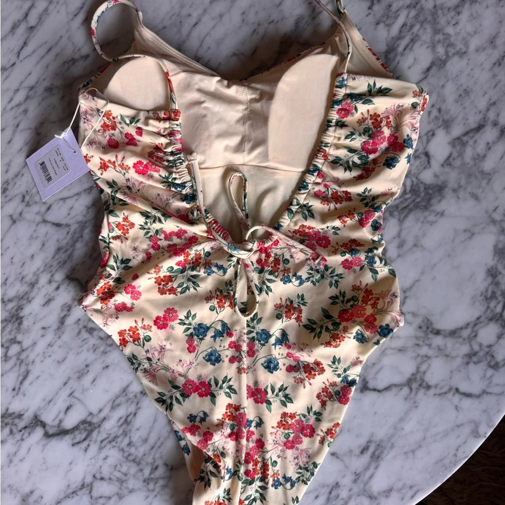 Andie Swim Floral One-Piece Swimsuit in Cream with Pink & Green Print